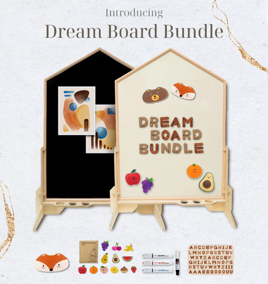 NORITER PROJECT Dream Bundle (Double-Sided Magnetic Dry-erase Board + Birchwood Stand + Alphabet Magnets + Fruit Magnet Felts + 4-Color Marker Set + Magnetic Eraser)