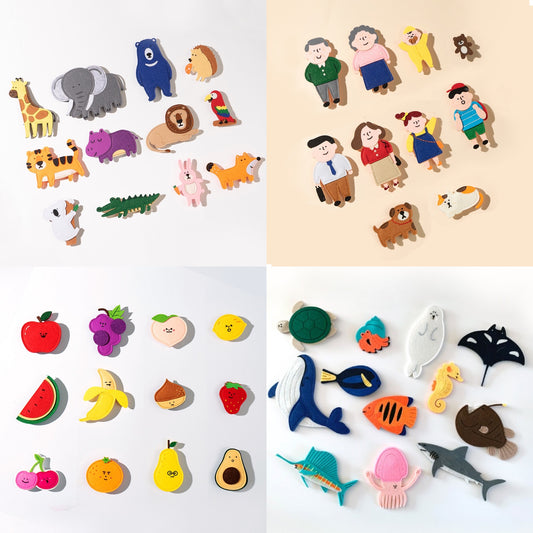 Felt Magnets Bundle Hand-made (7 types - Wild Animals, Family, Fruits, Vegetables, Sea Animals, Mart 1&2)